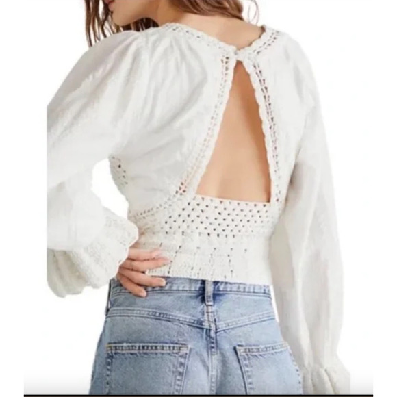 Free People Megan Crochet Open Back Long Sleeve Eyelet Crop Top Ivory Sz S Boho - Picture 2 of 14